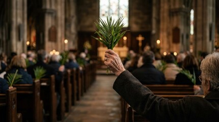 Naklejka premium A hand lifts palm branches inside a softly lit church, blurred pews and shallow depth of field surrounding a sacred Holy Week moment filled with worship and quiet devotion, ultra-realistic, no logos.