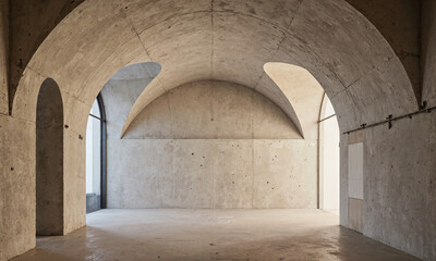 Fototapeta premium Concrete vault gallery empty minimalist room with arched ceilings and natural light for modern architecture and copy space
