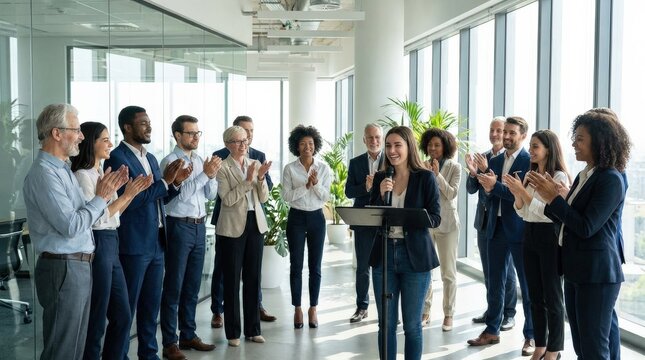 A diverse team applauding a young speaker during a meeting in a bright office, supportive expressions, clean modern interior and celebratory professional energy, ultra-realistic, no logos.