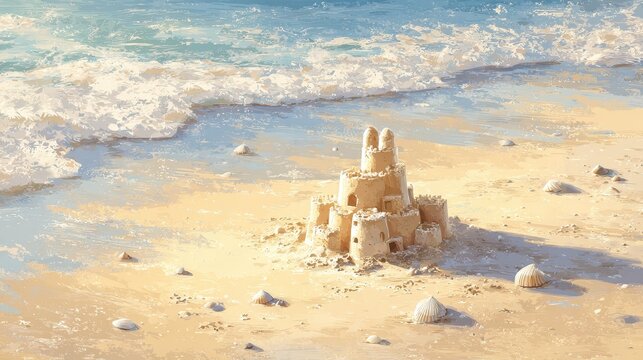 Vibrant beach panorama featuring a detailed sandcastle and rolling surf