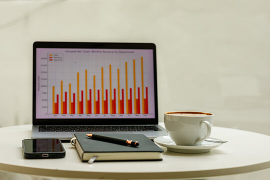 Close-up of annual growth charts on computer screen, representing business success and coffee break.