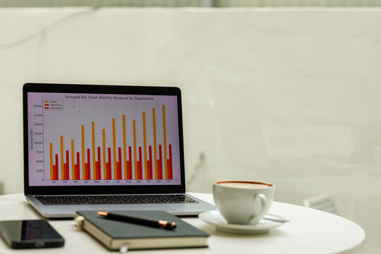 Close-up of annual growth charts on computer screen, representing business success and coffee break.