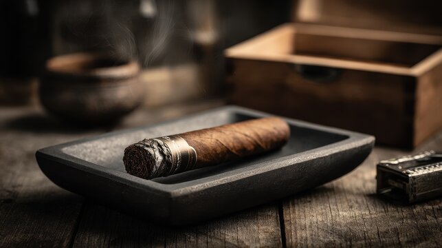 Vintage luxury smoking accessories: brown cigar on a black ashtray with humidor, matches, and cutter on wooden surface