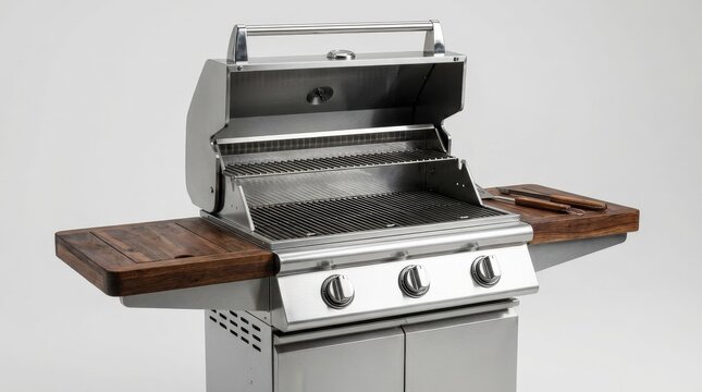 A stainless steel gas grill with wooden side shelves, isolated on a clean background, polished outdoor cooking equipment, refined backyard atmosphere, ultra-realistic, no logos.