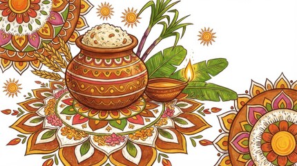 Fototapeta premium this illustration captures the thai pongal festival with a clay pot and lamp surrounded by rangoli patterns on a clean white backdrop