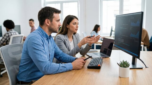 Professional coworkers having a discussion while working at a computer in an office, focused expressions, modern desk setup and clean lighting, productive corporate atmosphere, ultra-realistic, no