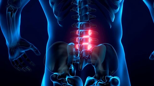 3D medical animation of a human skeleton showing glowing red pain points in the lumbar spine. The camera pans around the lower back, highlighting vertebral inflammation and spinal stress.