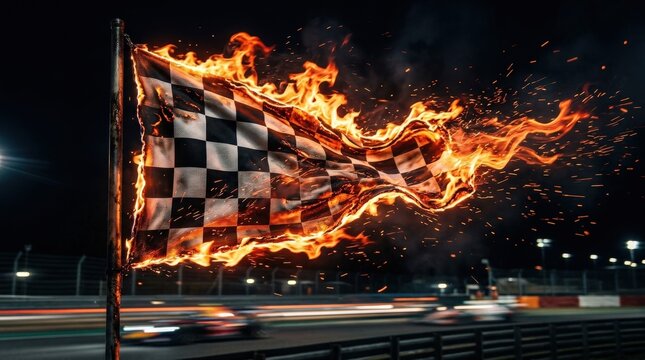 A fiery racing flag engulfed with flame-like motion, rippling fabric, glowing orange edges and high-speed energy against a dark backdrop, intense dramatic lighting, ultra-realistic, no logos.