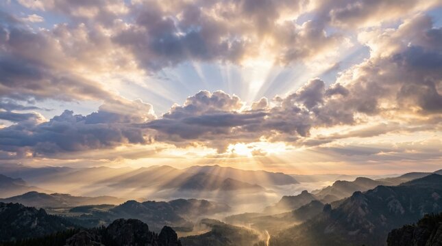 Magical god rays rising through clouds, radiant beams, soft mist and luminous sky layers, ethereal uplifting mood with heavenly light, ultra-realistic, no logos.