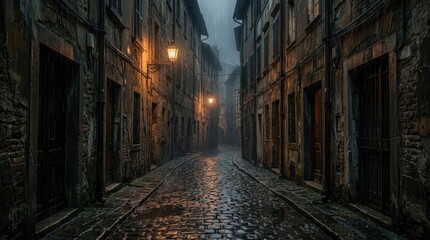 A back street alley with old city houses in rain at night, wet cobblestones reflecting dim lamps, narrow dark passageway, moody shadows and misty atmosphere, empty urban noir scene, ultra-realistic, © Sanych