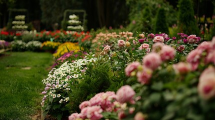 Obraz premium Colorful flower garden featuring blooming roses, daisies, and various plants arranged in neat rows with lush green grass and trees in the background