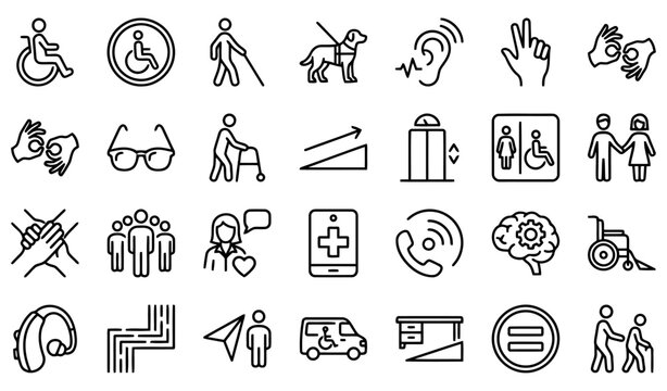 icon set in modern clean line style representing disability, accessibility, inclusion, and assistive support concepts