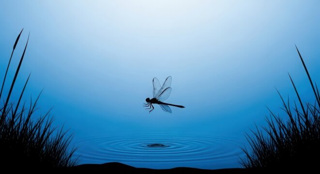 Minimalist silhouette of a dragonfly flying over rippling water with a soft blue gradient background.