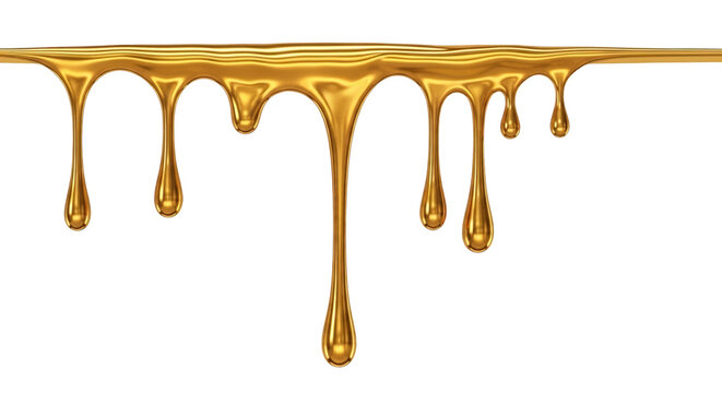 Liquid gold drips isolated on transparent background