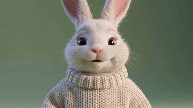Cute White Rabbit Character Wearing a Beige Knitted Turtleneck Sweater Close-up Portrait on Green Background for Easter or Winter Theme