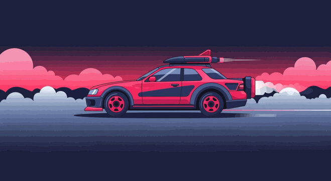 Retro Futuristic Red Car With Rocket Booster In Motion