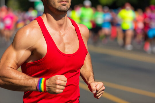 Muscular man in red tank top running in a race with rainbow wristband.