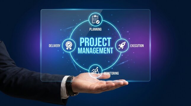 A businessman presenting a project management concept with a digital interface