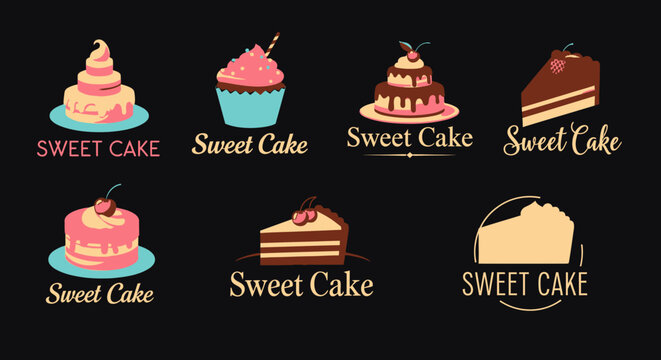 Delicious cake logos collection on black background dessert icons