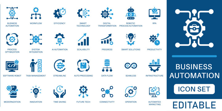 Business automation icon set. featuring workflow, efficiency, robotic process, RPA, smart technology, and system integration in blue flat design.