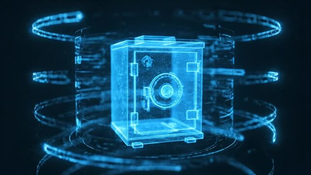 A futuristic illustration of a glowing blue safe surrounded by digital circuits on a dark background.