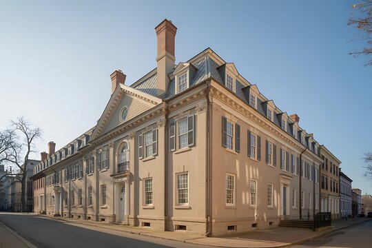 Historic building, colonial architecture, beige stone house, large windows, mansard roof