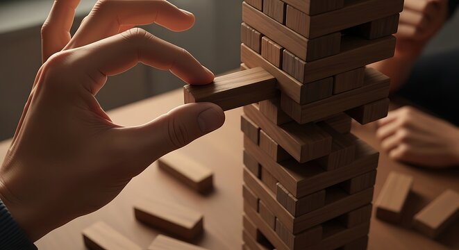 A close up of hands carefully removing a block from a wooden tower game