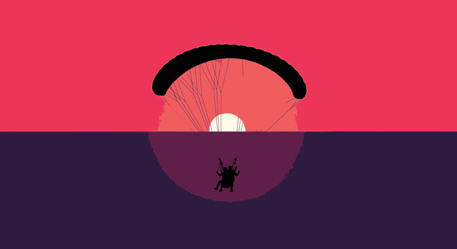 Serene Sunset Paragliding Adventure In Stylized Vivid Colors