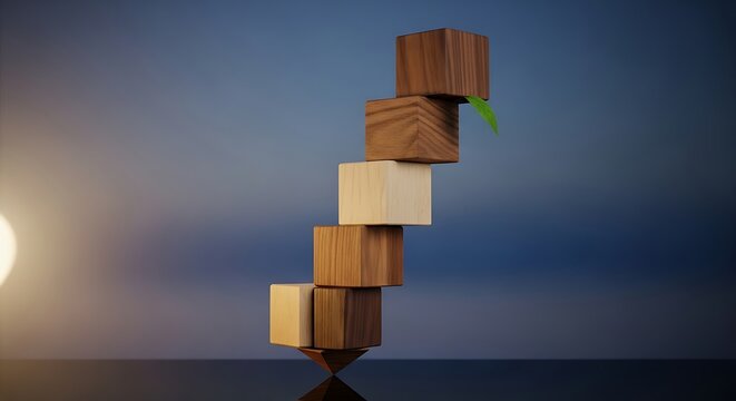 A precariously balanced stack of wooden and white cubes with a green leaf