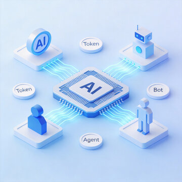 Isometric artificial intelligence microchip connected to digital agents and human users
