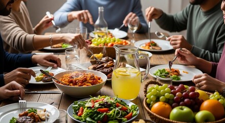 Obraz premium People enjoying a communal meal serving pasta and salad from large dishes on a wooden table