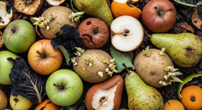 Overripe and sprouting apples pears and potatoes decay indicating waste and food loss close-up