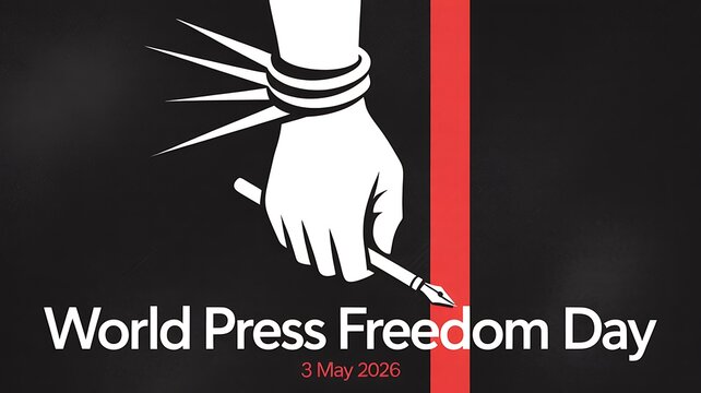 A symbolic illustration of a hand breaking through barbed wire to write for world press freedom.
