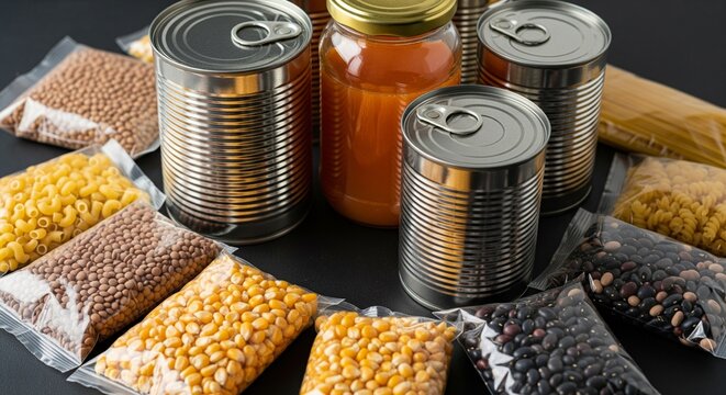 Assortment of canned goods and dry pantry staples in plastic bags organized for storage