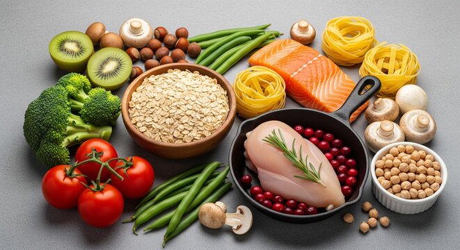 Assortment of healthy raw food ingredients including chicken salmon vegetables fruits grains and pasta on grey