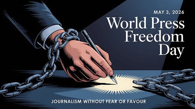A conceptual illustration for world press freedom day highlighting the struggle of journalists.