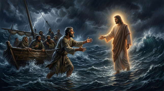 Jesus Christ walking on water and reaching out to save Peter from sinking in a stormy sea