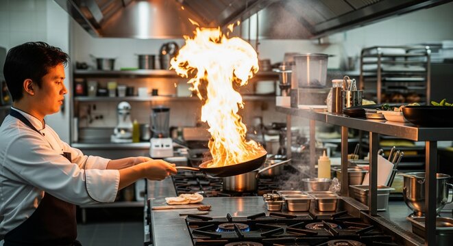 Chef flamb?ing food in a professional kitchen with intense flames erupting from a pan