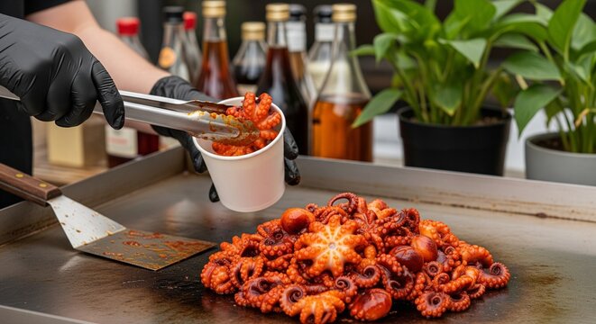 Chef preparing grilled octopus on a hot plate grill with a spatula and tongs close-up