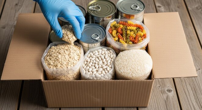 Close-up of gloved hand placing oats into a cardboard box filled with essential dry food supplies