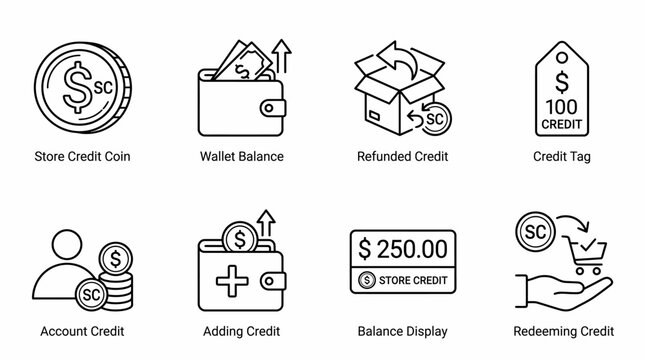 Financial icons depicting store credit, wallet balance, and transactions.