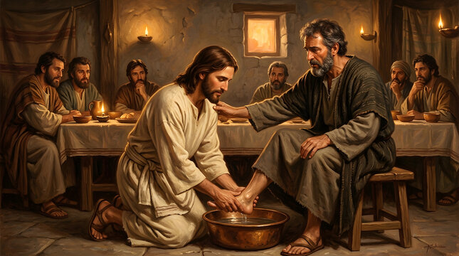 Jesus washes the feet of one of his disciples during the Last Supper in a poignant display of humility and service