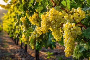Fototapeta premium Warm vineyard scene with Chardonnay grapes ripening for harvest