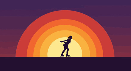 Fototapeta premium Silhouette Figure Skater Gliding During Vibrant Sunset