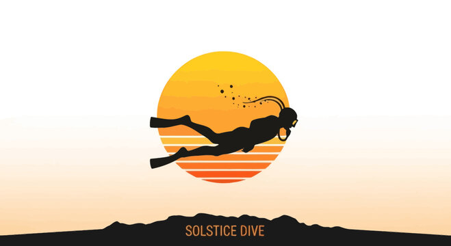Silhouette Diver Against a Sunburst Horizon At Sunset or Sunrise