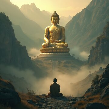 Monk meditates before giant golden Buddha statue in misty mountains. Spiritual journey towards enlightenment on serene Asian landscape. Serenity, peace and faith found in nature.