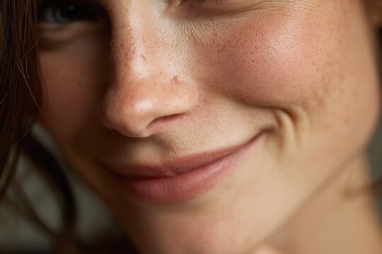 Warm-toned close-up of a person&acirc;&euro;&trade;s face emphasizing a dimple and relaxed expression