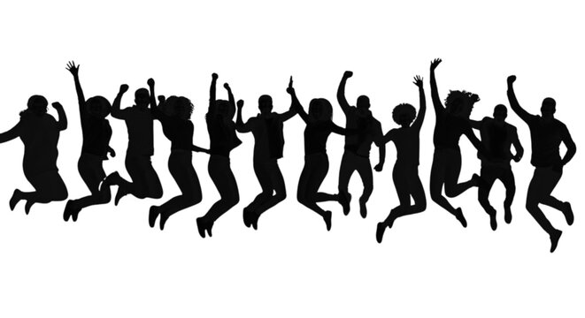 Dynamic group of people jumping in unison with arms raised isolated on transparent background, Vector