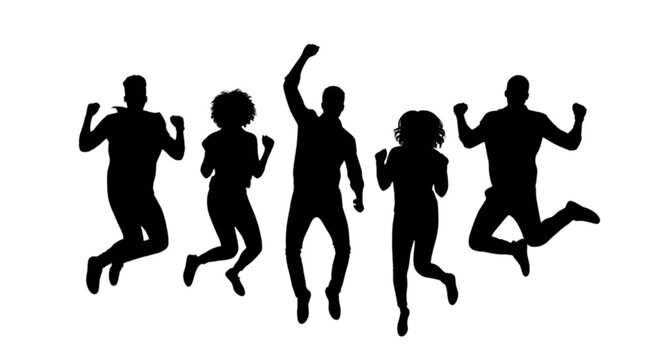 Group of five people joyfully jumping together in unison isolated on transparent background, Vector