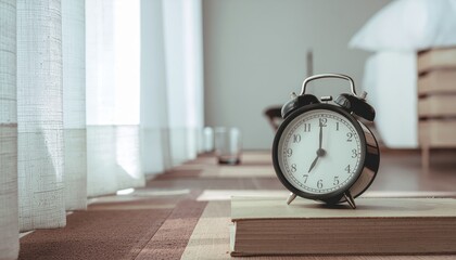 Naklejka premium Digital detox retreat concept. Vintage alarm clock showing 12 o'clock on a stack of books in a cozy room.